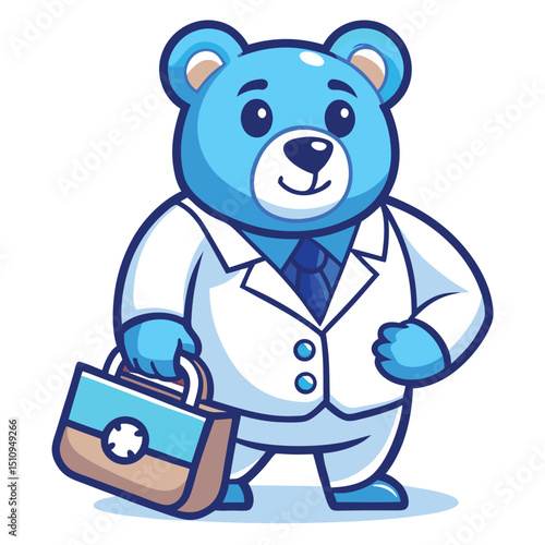 Bear mascot dressed as a gentle medical professional with a bag in hand, posing cheerfully in a bright and approachable manner