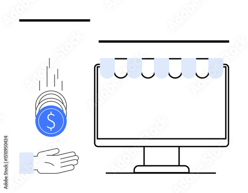 Coins dropping into open hand near computer screen with storefront awning. Ideal for e-commerce, online shopping, transaction, digital economy, fintech, business growth, simple landing page