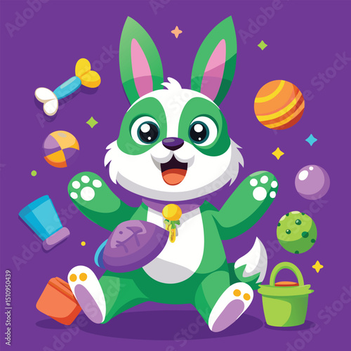 Colorful rabbit mascot surrounded by pet toys and training treats celebrating playtime at a vibrant indoor space for pets