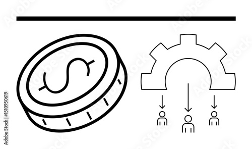 A coin with a dollar sign, a gear funneling arrows to three people. Ideal for economics, finance, teamwork, process optimization, resource distribution, business strategy, simple landing page