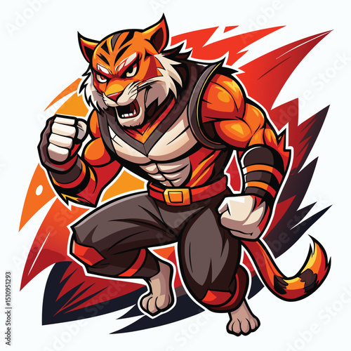 Dynamic tiger mascot performs powerful combat pose with fierce expression and vibrant colors, showcasing strength and agility in a stylized and energetic setting