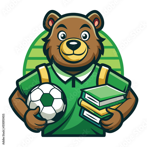 Bear mascot balancing sports equipment and books in a vibrant outdoor setting showcasing the importance of education and physical activity in a fun and engaging way
