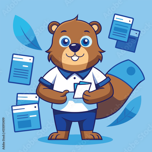 Beaver mascot cheerfully organizing receipt documents in a colorful office setting with blue accents and floating papers