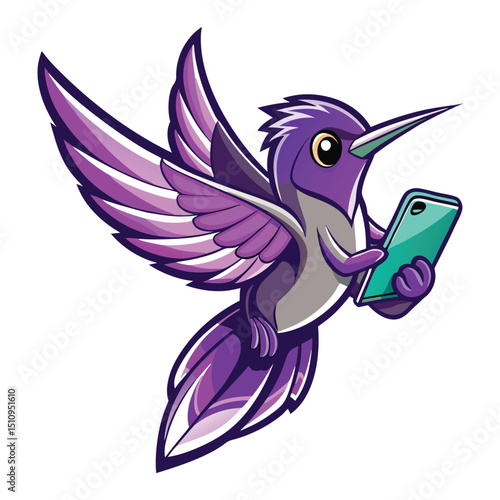 Hummingbird mascot with phone wings showcases quick agility in a vibrant design for digital engagement