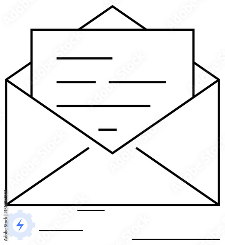Open envelope holding a letter with cogwheel and lightning icon suggesting email, automation, and speedy delivery. Ideal for communication, correspondence, mail, email, messaging, automation