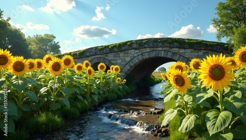 Sunflower Field Under Blue Sky with Stone Bridge and Stream in Bright Sunlight