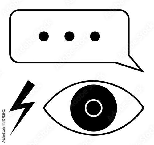 Speech bubble with ellipsis, abstract eye, and lightning bolt symbolizing communication, perception, and power. Ideal for creativity, feedback, vision, inspiration technology motivation simple