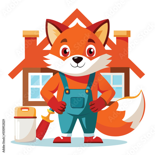 Fox mascot working as a home improvement specialist holding paint tools in front of a house during daytime