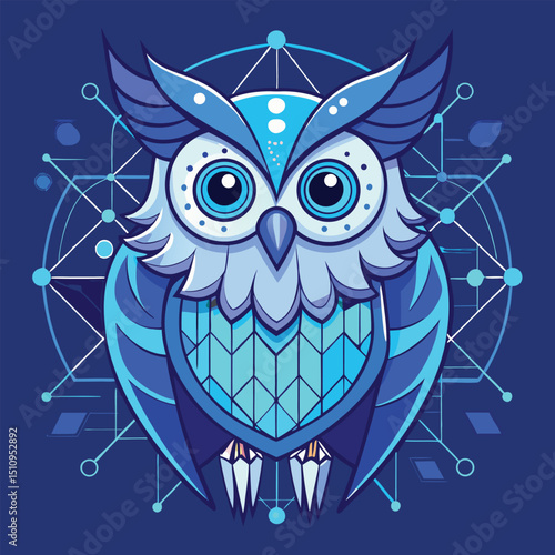 Owl mascot adorned with neural network patterns showcases modern design and technology in a vibrant blue color scheme during a digital art display