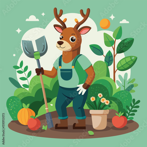 Deer mascot nurturing a vibrant virtual garden ecosystem while tending to plants and vegetables in a colorful landscape