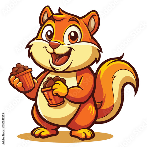 Chipmunk mascot joyfully holding snack containers with cheeks full of treats during an outdoor event in bright daylight