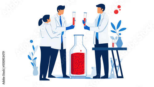 Three stylized scientists in lab coats examining red liquid samples