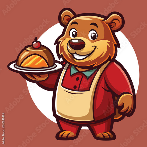 Bear mascot in a red apron presenting a delicious dish on a plate with a cheerful expression in a friendly restaurant setting