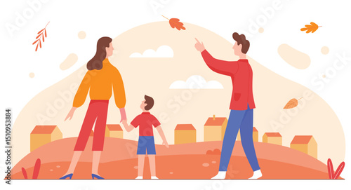 Family people enjoying city autumn vector illustration. Cartoon flat parents and kid characters spend time together, enjoy autumnal cityscape with falling leaves, happy parenthood isolated on white