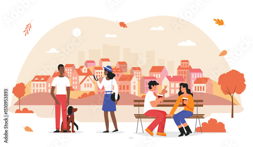 People in autumn city vector illustration. Cartoon flat happy man woman character walking with dog, couple dating, sitting on bench with hot coffee in hands, autumnal urban city park isolated on white