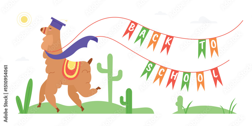 Fototapeta premium Back to school text motivation vector illustration. Cartoon flat wild happy llama or alpaca animal character in school graduate hat running with flags, creative education concept isolated on white