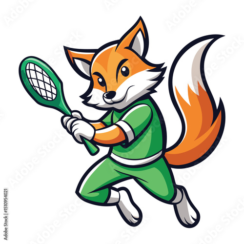 Fox mascot demonstrates agility while swinging a tennis racket in a dynamic sport setting during a daytime match