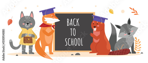Animals in school education vector illustration. Cartoon flat animalistic cute characters, raccoon fox cat beaver standing with blackboard and back to school text schooling concept isolated on white