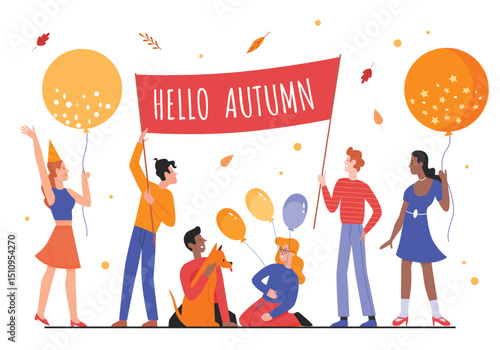 Hello autumn concept vector illustration. Cartoon flat happy people holding autumnal poster and balloons among falling seasonal yellow leaves, celebrating fall season together isolated on white