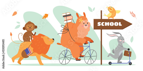 Animals go to school vector illustration. Cartoon flat wild zoo student schoolmate animal character with schoolbag or books running for study and schooling, cute education concept isolated on white