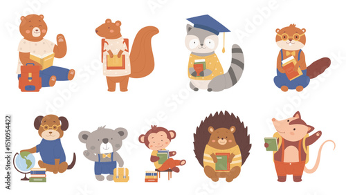 Animals read books vector illustration. Cartoon flat clever animalistic booklover characters collection with zoo or pet students or pupils reading and studying at school, schooling isolated on white