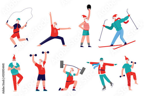 Santa in sport workout vector illustration. Cartoon flat Santa character doing gym exercises with dumbbells barbell, standing in yoga meditating pose, healthy activity, Christmas winter sport set