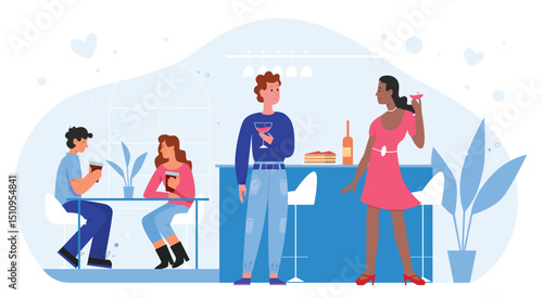 People on romantic love date in bar flat vector illustration. Cartoon happy young couple characters dating, lovers drinking wine or cocktails in nightclub bar or pub, romance meeting isolated on white