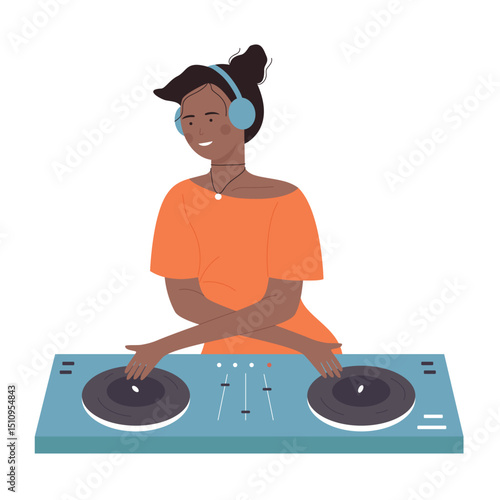 Black African American young DJ woman on musical party vector illustration. Cartoon flat female girl DJ character with turntable mixer making contemporary music in night club, spinning disc isolated.