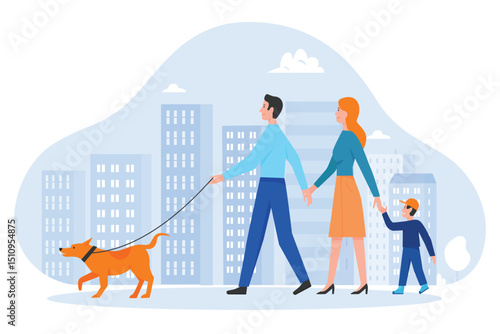 Family people walk vector illustration. Cartoon happy young animal owners, father mother and son kid characters walking in city street with own pet dog, family activity in cityscape isolated on white