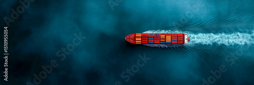 Aerial view of a cargo ship with colorful containers on the sea, top-down view.