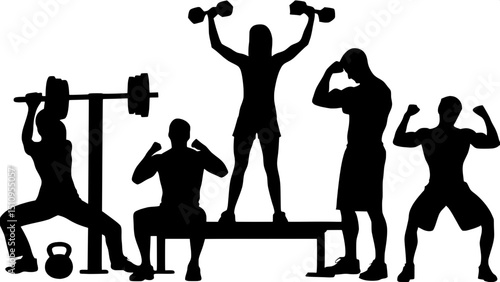 "Group of diverse gym players doing different workouts — bench press, deadlift, kettlebell swing — simplified vector design, high-energy composition, modern fitness studio vibe"






















