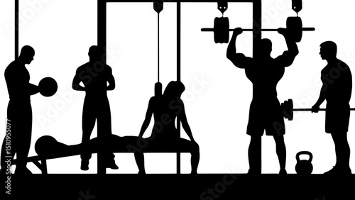 "Group of diverse gym players doing different workouts — bench press, deadlift, kettlebell swing — simplified vector design, high-energy composition, modern fitness studio vibe"






















