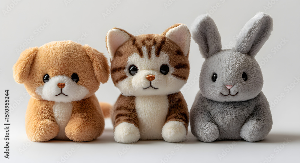Fototapeta premium Adorable trio of plush animal keychains featuring a charming tabby cat, a cute brown and white dog, and a sweet grey bunny, neatly aligned on a clean white background