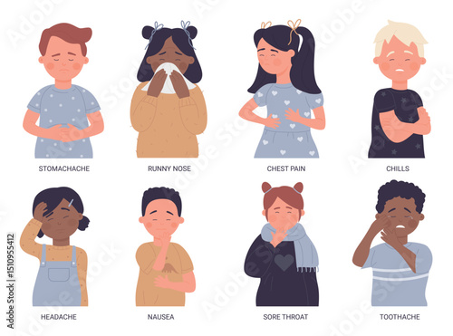 Sick children vector illustration set. Cartoon flat kids bad health collection of unhealthy boy and girl with sore throat, stomach ache headache toothache, flu sickness crying child isolated on white
