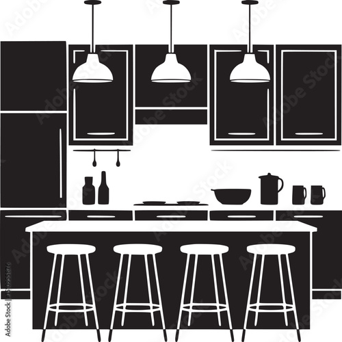 Monochrome kitchen interior with island, stools, cabinets, and pendant lights