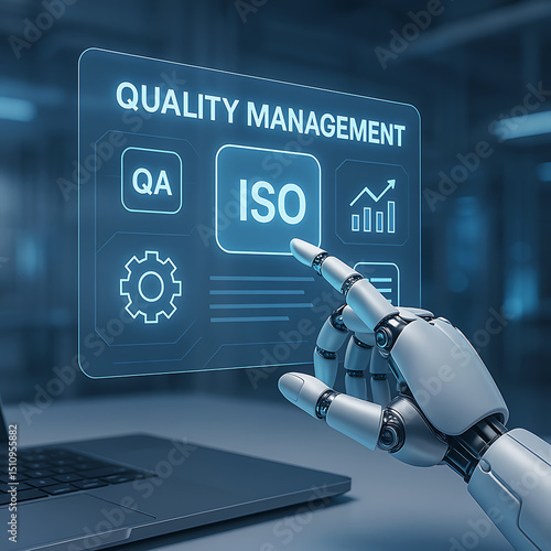 Robotic finger selecting ISO certification option on futuristic quality management screen