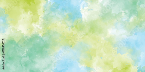 Watercolor painted background. Abstract Illustration wallpaper. Brush stroked painting. Abstract summer landscape vector watercolor background with blue sky, white clouds and green field
