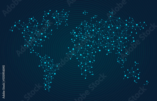 Light Glowing Connected Dots World Map with All Continents and Largest Cities, Quantum Big Data for Web, Business, and Infographics, Cloud Network and AI Technology Vector Dark Blue Background