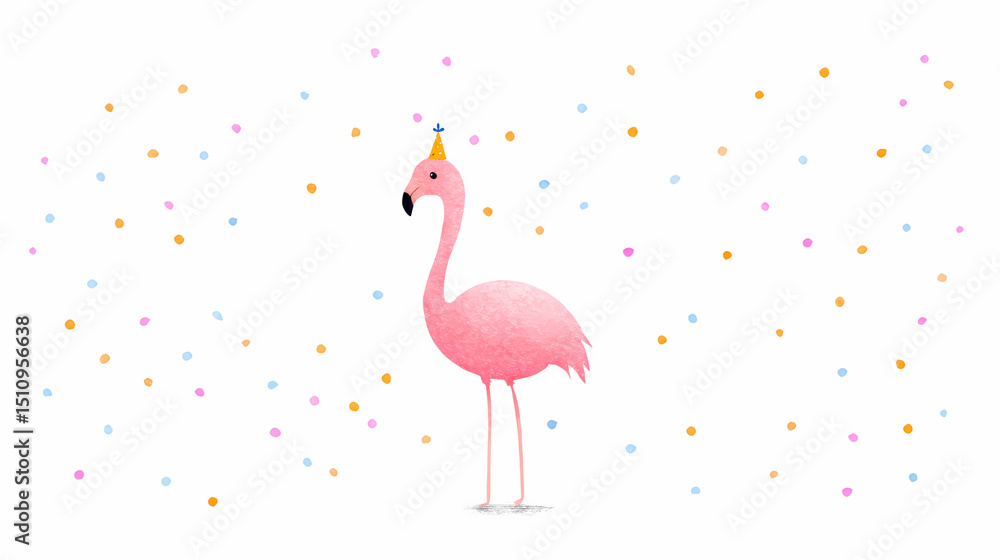 Obraz premium Humorous Flamingo Illustration Party Hat Wearing Bird Playful Animal Graphic Quirky Design Fun Character Vector Festive Celebration Artwork 