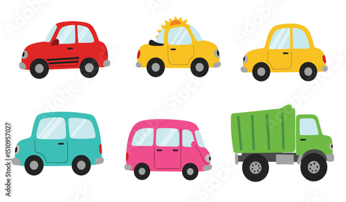Flat cars. Cartoon vehicle side view. Taxi, minivan, mini car, suv and pickup truck. City auto transport icons. Automobile design vector set. City transportation objects isolated on white