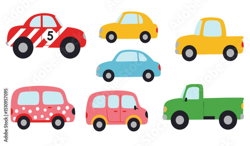 Flat cars. Cartoon vehicle side view. Taxi, minivan, mini car, suv and pickup truck. City auto transport icons. Automobile design vector set. City transportation objects isolated on white