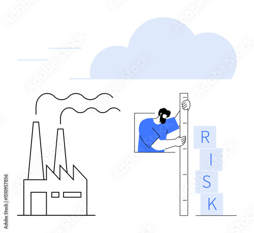 Factory chimneys emitting smoke, a worker adjusting a tall scale labeled RISK blocks. Ideal for industry, safety, environmental awareness, risk assessment, sustainability, responsibility, simple