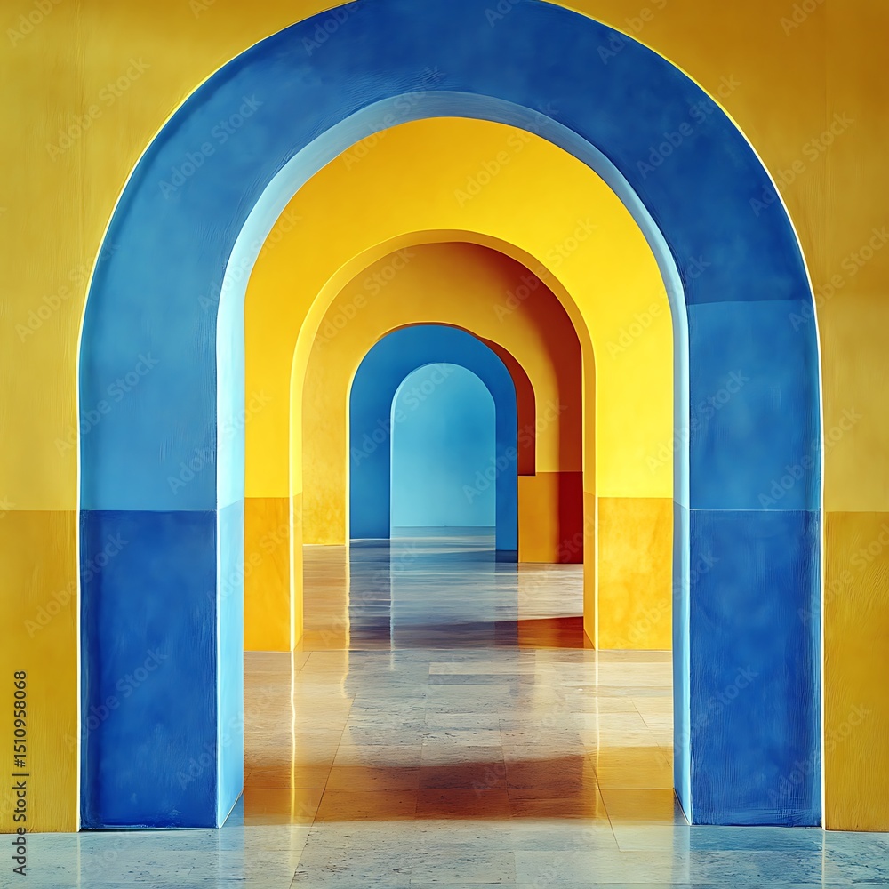Fototapeta premium Bright yellow blue walls curved archway geometric architecture sunlight modern minimal design urban composition image