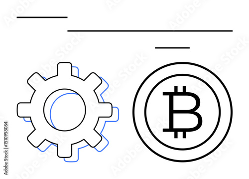 Gear and bitcoin symbol emphasize blockchain and cryptocurrency. Ideal for technology, finance, innovation, industry, blockchain, cryptocurrency, fintech. Flat simple metaphor
