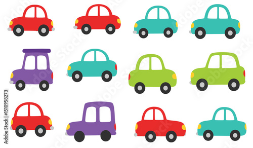 Flat cars. Cartoon vehicle side view. Taxi, minivan, mini car, suv and pickup truck. City auto transport icons. Automobile design vector set. City transportation objects isolated on white