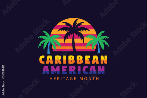 Colorful caribbean american heritage month logo design featuring palm trees and a sunset background