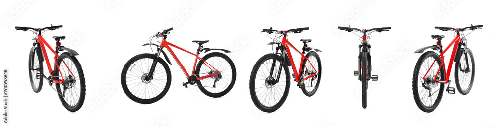 Fototapeta premium Color bicycle on white background, collage. View from different sides