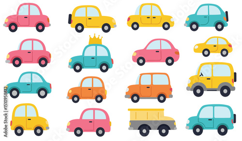Flat cars. Cartoon vehicle side view. Taxi, minivan, mini car, suv and pickup truck. City auto transport icons. Automobile design vector set. City transportation objects isolated on white