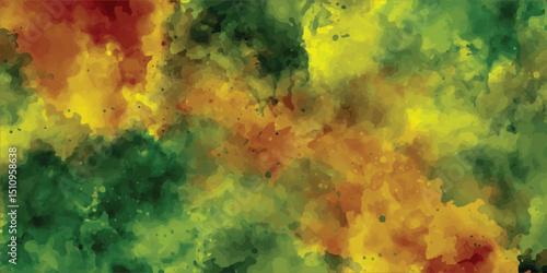 Watercolor painted background. Abstract Illustration wallpaper. Brush stroked painting. Abstract summer landscape vector watercolor background with blue sky, white clouds and green field
