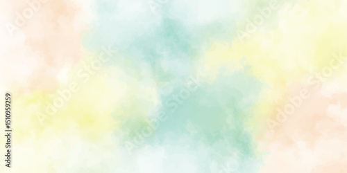 Watercolor painted background. Abstract Illustration wallpaper. Brush stroked painting. Abstract summer landscape vector watercolor background with blue sky, white clouds and green field
